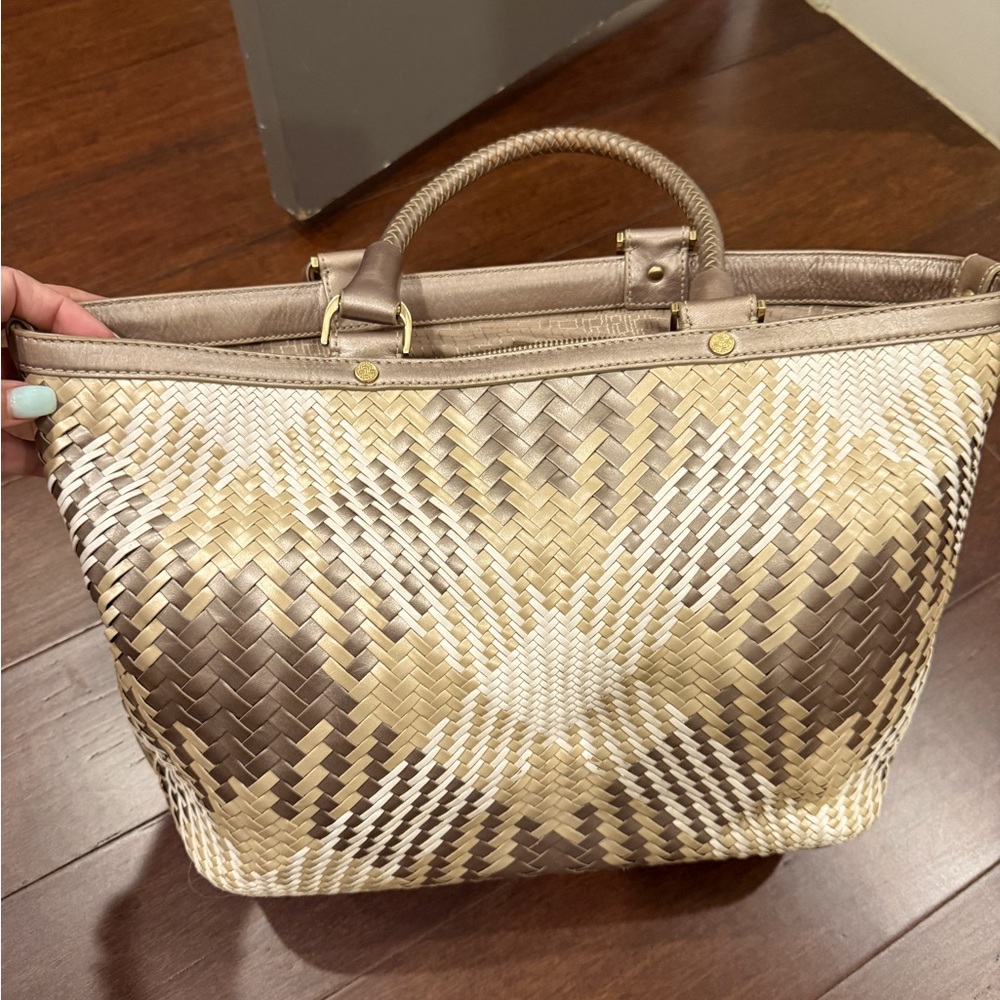 Cole Haan Woven Tote in Brown and Cream